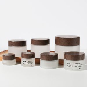 Frosted Cream Jars Empty Clear Matt Glass Body Lotion Jars Dark Wooden Lids